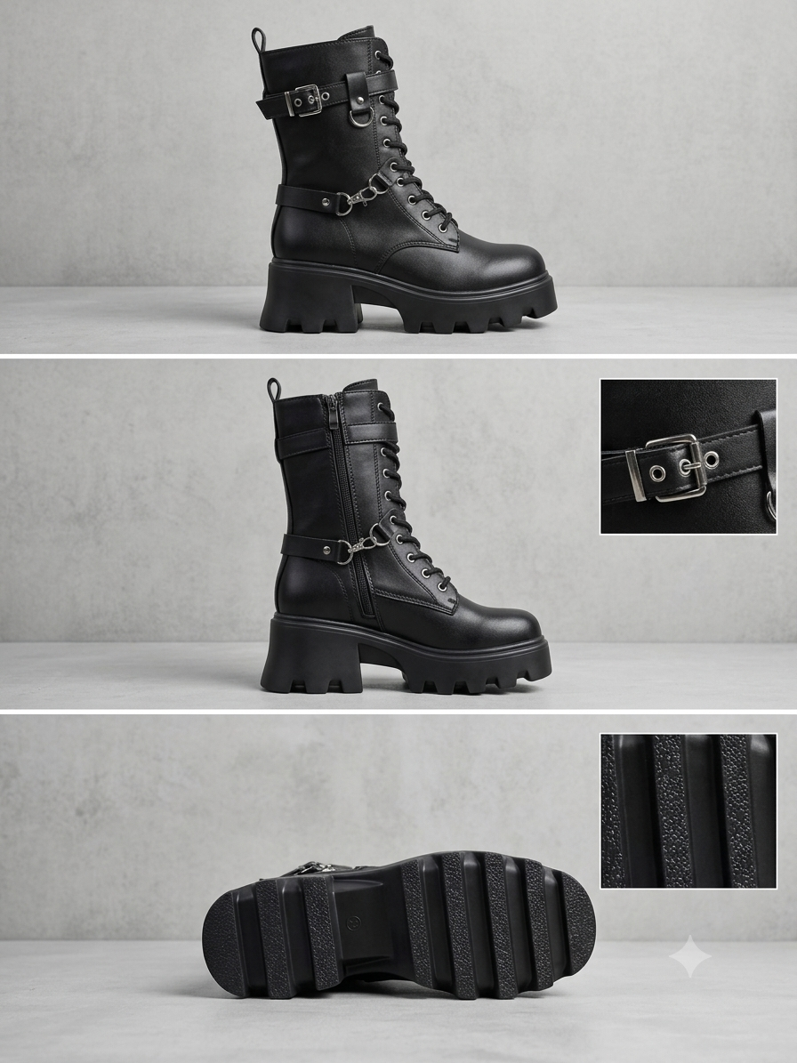 Women's Black Chunky Platform Buckle Combat Boots