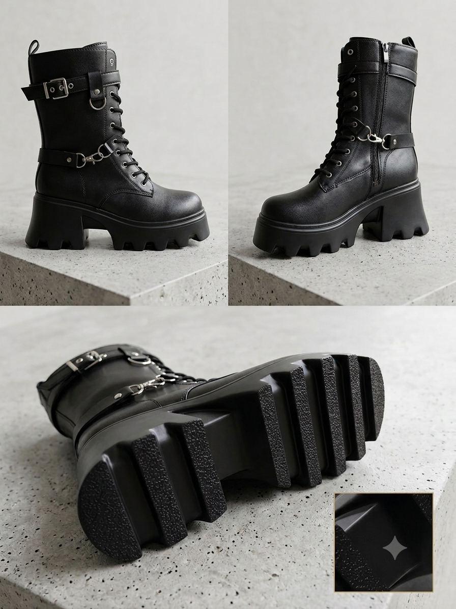 Women's Black Chunky Platform Buckle Combat Boots